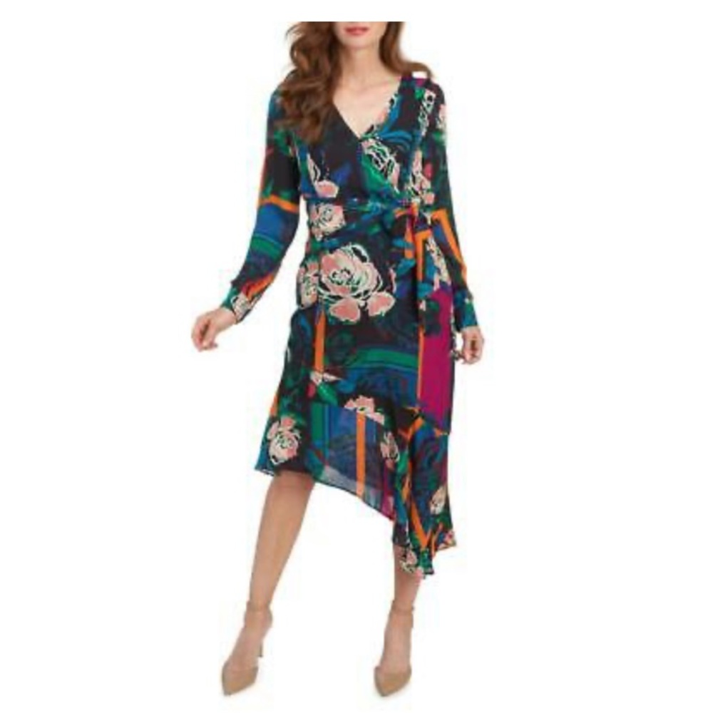 Parker Lorelei Silk Blend Floral Asymmetric long sleeve dress